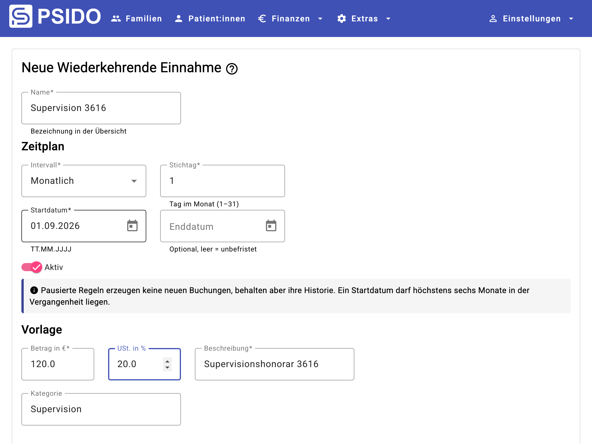 Wiederkehrende Einnahme Übersicht